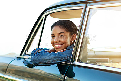 Buy stock photo Happy, portrait and woman in car window for road trip, adventure and journey in countryside. Travel, relax and person in vehicle smile for holiday, vacation and tourism for weekend getaway in nature