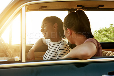 Buy stock photo Road trip, happy and women in car talking on summer holiday, vacation and adventure in countryside. Friends, flare and people laugh in vehicle for bonding on journey, tourism and travel destination