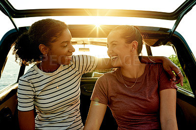 Buy stock photo Road trip, sunshine and women in car happy on summer holiday, vacation and adventure in countryside. Friends, flare and people hug in vehicle for bonding on journey, tourism and travel destination