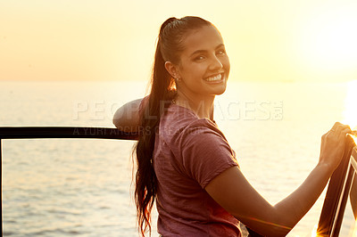 Buy stock photo Happy woman, portrait and car with beach sunset for travel, holiday or weekend getaway in nature. Female person, driver or traveler with smile or vehicle for road trip adventure or outdoor journey