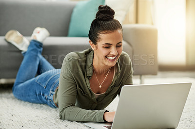 Buy stock photo Smile, woman and floor with laptop at house for research, browsing social media and reading ebook. Female person, relax and digital for surfing internet, streaming film and entertainment subscription