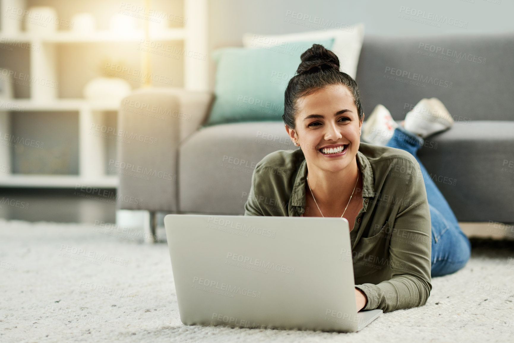 Buy stock photo Idea, laptop and smile with woman on floor in living room of home for education or online study. Computer, learning and thinking with happy student on carpet in apartment for development or growth