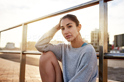 Buy stock photo Portrait, woman and relax for fitness outdoor of sports exercise, marathon training and workout break. Female athlete, rest and practice with running competition, cardio progress and recovery in city