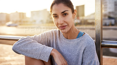 Buy stock photo Portrait, woman and rest for fitness outdoor of sports exercise, marathon training and workout recovery. Female athlete, relax and practice with running competition, cardio progress and break in city