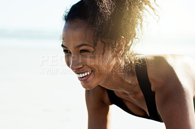 Buy stock photo Happy, athlete and plank with woman at beach for fitness, bodyweight exercise and core strength. Space, female person and body balance for pilates workout, strong muscles and endurance challenge
