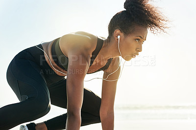 Buy stock photo Run, beach and woman with fitness, breathing and training with wellness, start and earphones. Cardio, ocean and person with exercise, runner and seaside with sound, ready and healthy routine