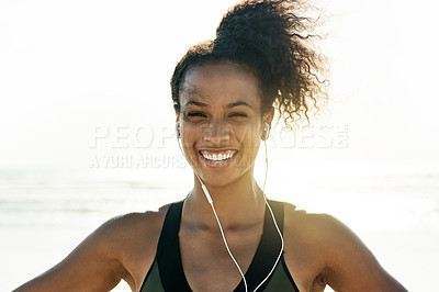 Buy stock photo Earphones, exercise and portrait of happy woman on beach for start of cardio training or workout. Flare, smile and summer with African athlete or runner streaming music outdoor for fitness or health