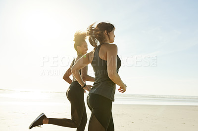 Buy stock photo Girl, friends and running at beach for exercise, cardio challenge and outdoor by ocean in summer. People, woman and partner with space for fitness, workout and training routine by sea for wellness