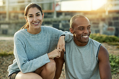Buy stock photo Outdoor, couple and woman in portrait for fitness, wellness or bonding with smile for exercise. City, partner or man with support for training together, workout break or healthy relationship by flare