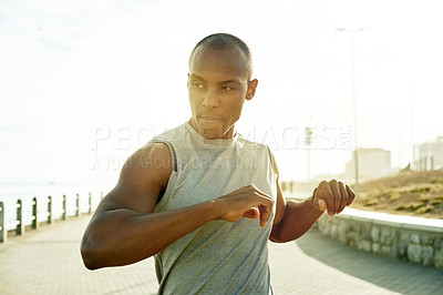 Buy stock photo Athlete, black man and stretching for fitness at beach to start exercise, training and getting ready. Male person, runner outdoor and warm up for sports workout, prepare muscles and marathon practice