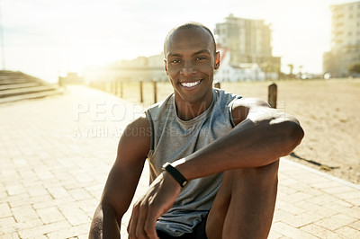 Buy stock photo Fitness, portrait and black man on break outdoor for exercise, workout recovery and smile. Rest, happy runner and athlete in city for health, wellness and relax after sports practice in Kenya