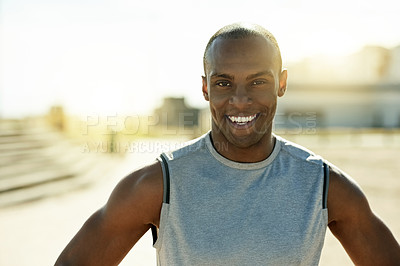Buy stock photo Fitness, portrait and happy black man in city for exercise, workout and confident person. Smile, runner and athlete outdoor for health, wellness and cardio training with pride for sports in Kenya
