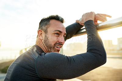 Buy stock photo Happy man, thinking or resting on exercise break for outdoor running, fitness workout or cardio training. Fatigue, tired or runner with smile in practice for health, recovery or sports performance