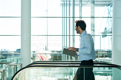Buy stock photo Tablet, thinking and business man on escalator with insight for building, planning or vision. Technology, reflection or architect with thoughts for project online, development space or idea in office
