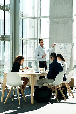 Buy stock photo Meeting, presentation and pitch with business people in office for brainstorming, team and portfolio manager. Speaker, whiteboard and account growth with employees in finance agency for broker report