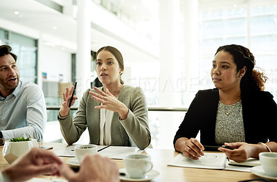 Buy stock photo Office, meeting and business woman with proposal for idea, investment review or discussion. Team, people and collaboration in workplace for brainstorming, talking and financial strategy with project