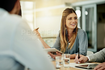 Buy stock photo Business, woman and smile with tablet in meeting for planning, article ideas and team schedule. Person, employees and digital for feedback, brainstorming and headline information on story publication
