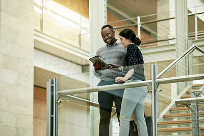 Buy stock photo Business, people and tablet with discussion on stairway for policy review, finance report or advice. Below, financial advisor and mentor with digital app in office for insurance guidance and teamwork