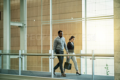 Buy stock photo Business, walking and people in lobby, serious or legal case with cooperation. Direction, man or woman in workplace, hallway or attorney with support, corporate professional or lawyer with confidence