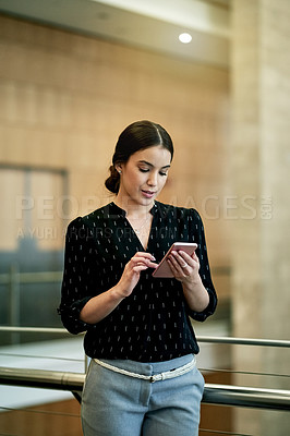 Buy stock photo Business, woman or phone with email in office, reading company communication and text message. Person, scroll and checking notification with internet connection, schedule update or calendar in agency