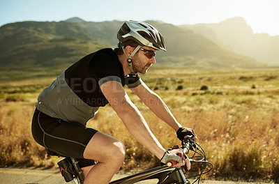 Buy stock photo Cycling, man and fitness with bicycle, nature and training for sport tournament, active or exercise. Outdoor, athlete and eco friendly transport for zero emissions, safety and person with helmet