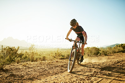 Buy stock photo Cycling, fitness and path with woman in nature for cardio challenge, training and health. Exercise, sports athlete and bicycle with person outdoor for triathlon practice, wellness and workout space