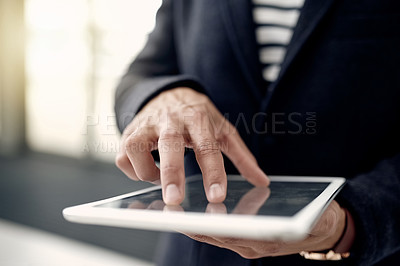Buy stock photo Hands, person or lawyer with tablet in office for research, consulting advice or feedback. Closeup, update or attorney with touchscreen in company with legal advisor, app or review for court case