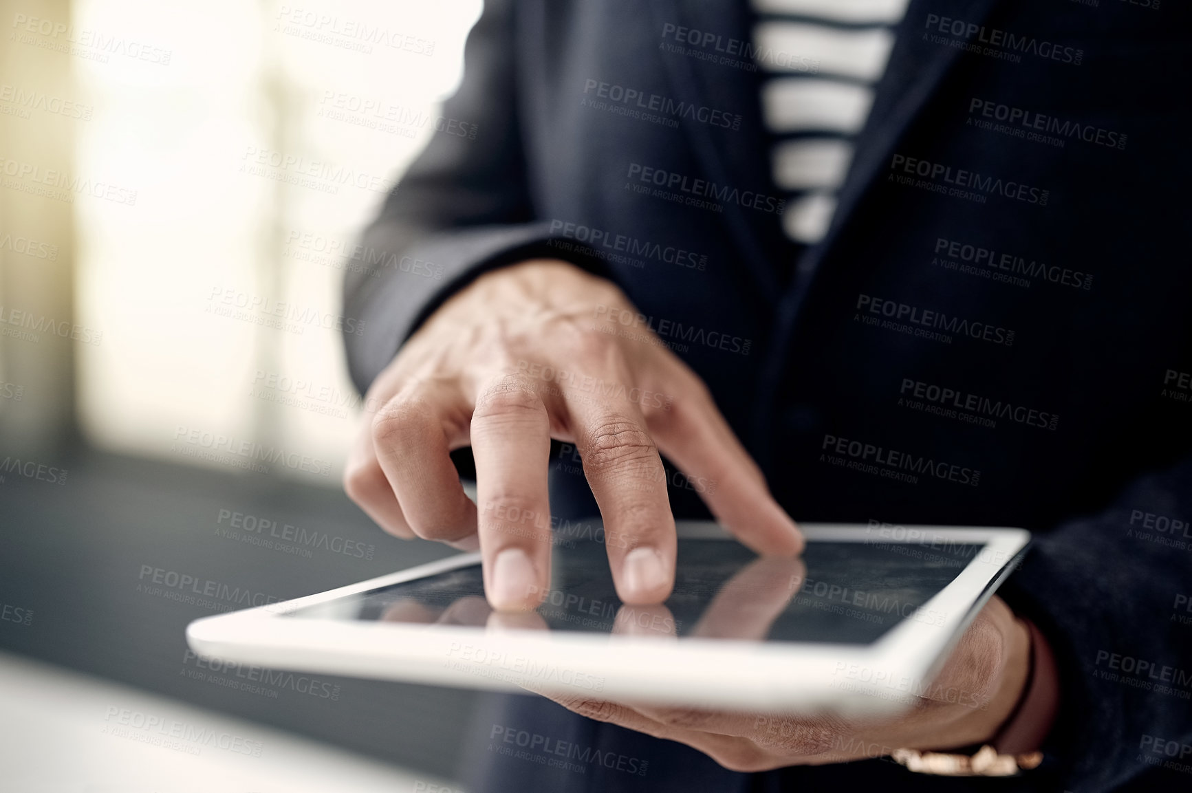 Buy stock photo Hands, person or lawyer with tablet in office for research, consulting advice or feedback. Closeup, update or attorney with touchscreen in company with legal advisor, app or review for court case