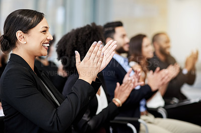 Buy stock photo Praise, business or happy woman clapping in conference for success or corporate project. People, development target and applause of audience in convention for event, goals and winning achievement