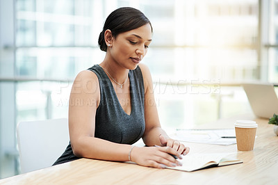 Buy stock photo Reading, notebook and business woman in office for schedule, planning and reminder. To do list, information and notes with employee, diary and journal for checklist or agenda and idea for management
