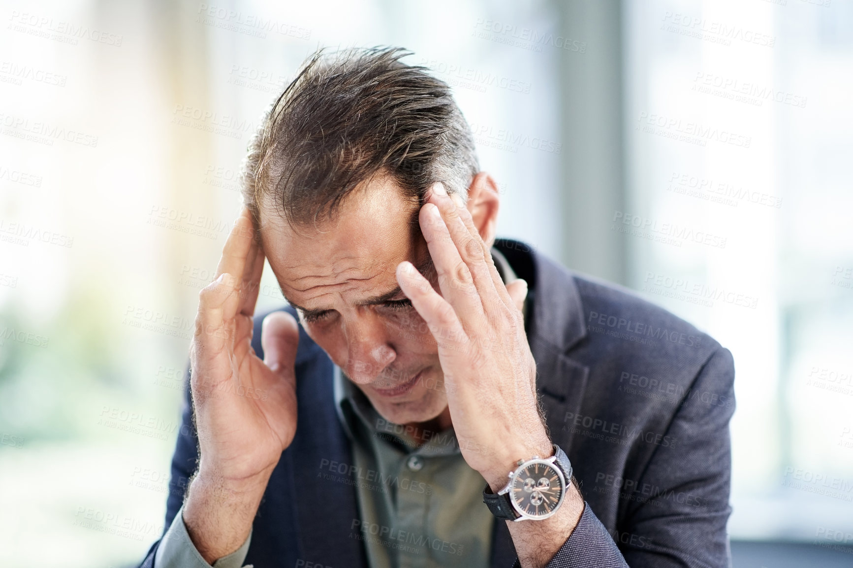 Buy stock photo Businessman, headache or stress for professional fail, mistake or property foreclosure of finance company. Mature male person, corporate crisis or pain for real estate or investment risk disaster 
