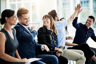 Buy stock photo Smile, celebration and business people with convention, audience and high five for seminar event. Workshop, conference and success with crowd, feedback and b2b support for presentation or pitch