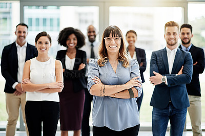 Buy stock photo Office, manager or happy woman with arms crossed for teamwork, portrait and finance agency. People, confident financial advisor or proud leader in accounting firm for company or skill development