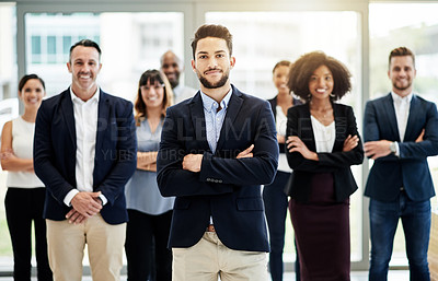 Buy stock photo Business people, team and portrait in office with smile, arms crossed and confidence. Corporate men, women and together for teamwork, management and about us for mission collaboration and solidarity