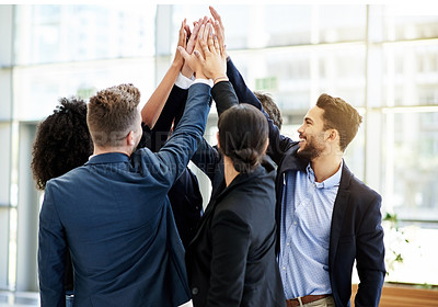 Buy stock photo Business people, team building and high five in office for celebration, support and success. Group, happy workers and hands together for collaboration, motivation and goal achievement with target