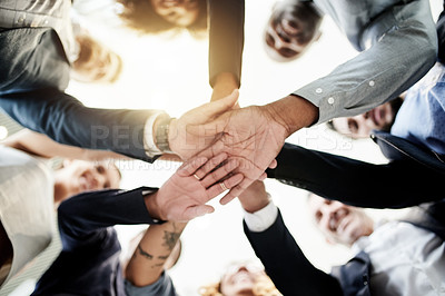 Buy stock photo Stack of hands, collaboration and business people in circle in office with solidarity, unity or team. Partnership, professional and group of corporate employees with support at meeting from below.