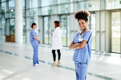 Buy stock photo Nurse, hospital and portrait of woman with crossed arms for medical internship, career and opportunity. Healthcare, space and person with confidence, pride and happy for wellness, service and job