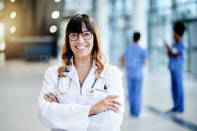 Buy stock photo Doctor, happy and portrait of woman with crossed arms for medical service, cardiology or wellness. Healthcare, clinic and person with confidence, pride and smile for medicare support in hospital