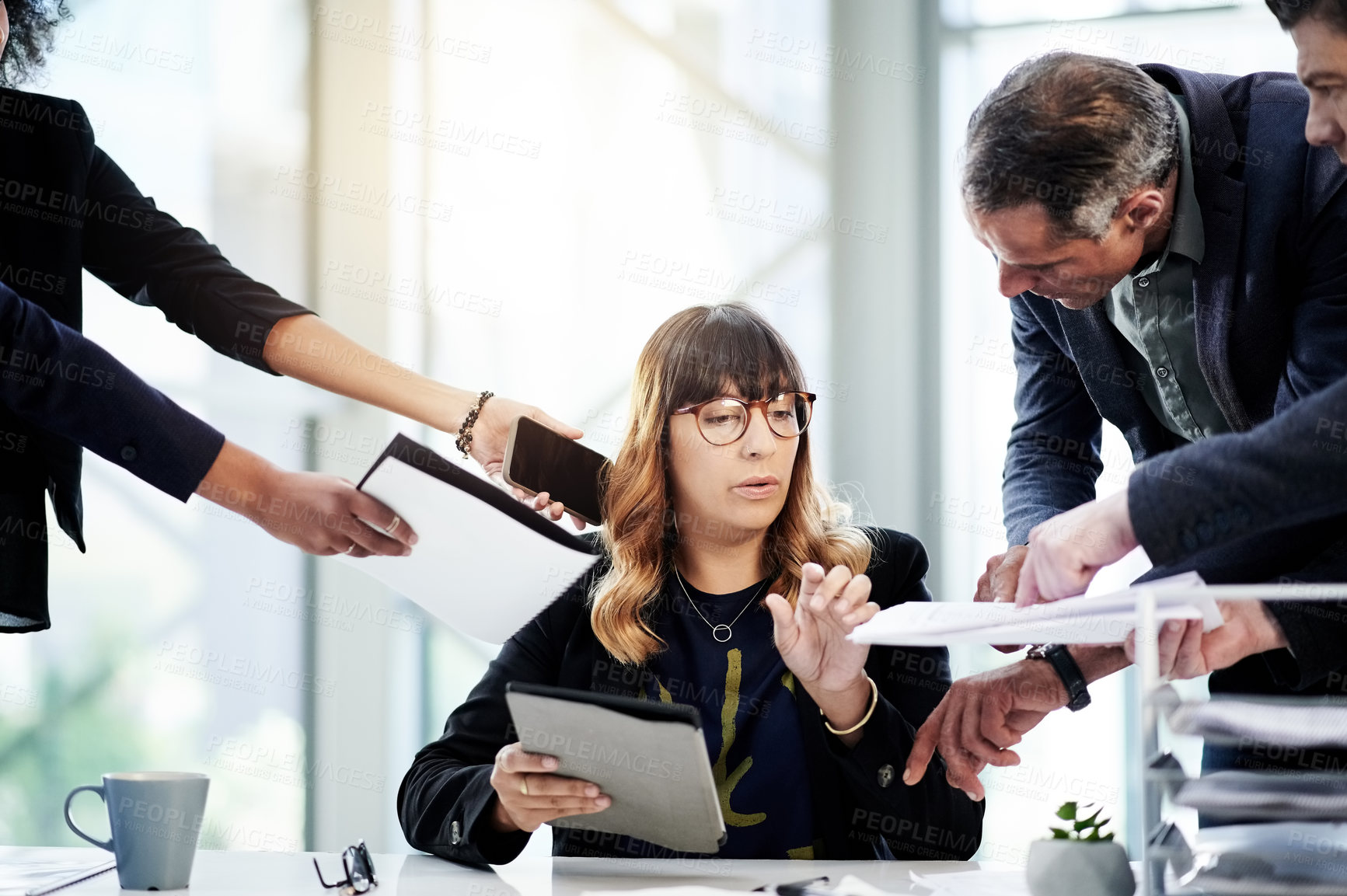 Buy stock photo Chaos, phone call or businesswoman in office with paperwork, administration crisis or tablet. Overwhelmed, toxic workflow or hands of people giving documents for deadline or task report to manager