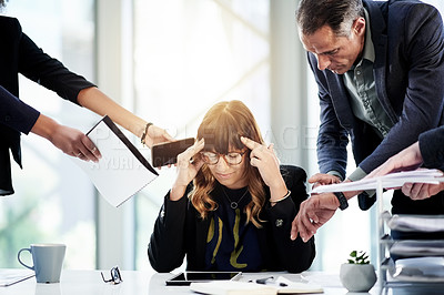 Buy stock photo Business, woman and multitasking with migraine in office with phone call, paperwork and work pressure. Overwhelmed, person and overload stress with headache, document signature and time management