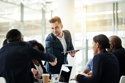 Buy stock photo Handshake, meeting and business people in office with finance deal, agreement or partnership. Corporate, smile and financial advisors shaking hands with client for investment contract in workplace.