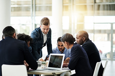 Buy stock photo Boardroom, pitch and man in meeting, planning and brainstorming for proposal, talking and corporate. Business analyst, discussion and people with tech for opportunity, conversation or ideas in office