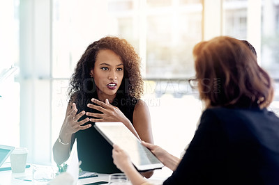 Buy stock photo Business, people and meeting with tablet in office for planning, legal compliance and proposal. Women, lawyer and digital information for settlement, court case and team feedback for trial procedure