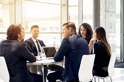 Buy stock photo Meeting, team and business people in office with discussion, investment and idea proposal. Planning, collaboration and happy group with laptop for financial review, brainstorming and feedback