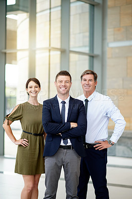 Buy stock photo Portrait, team or people in office with arms crossed, about us or career pride at media company. Smile, vision or journalist in agency with confidence, support or leadership for successful magazine.