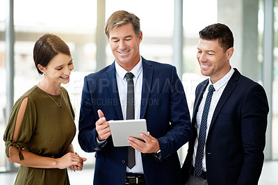 Buy stock photo Tablet, discussion and schedule with business people in office for research, networking and conference seminar. Convention center, agenda and collaboration with employees in lobby for project review