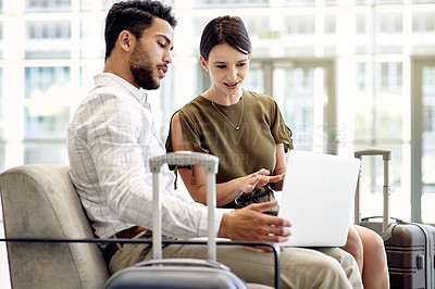 Buy stock photo Laptop, discussion and business people in airport lobby for conference, travel and email confirmation. Online booking, seminar schedule and flight with man, woman and tech for reservation information