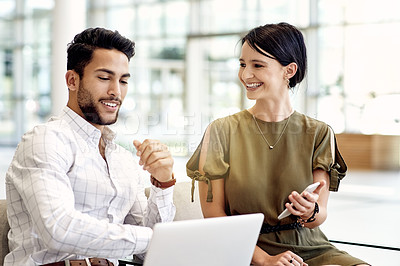 Buy stock photo Teamwork, laptop and phone with business people in office for app developer, bug testing and research. Collaboration, tech startup and feature update with man and woman for software and review