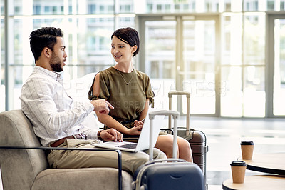 Buy stock photo Laptop, travel and talking with business people in airport lobby for planning, VIP lounge and research. Conference trip, conversation and collaboration with man and woman in airline club for email