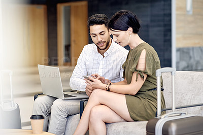 Buy stock photo Laptop, phone and research with business people in airport lobby for planning, VIP lounge and travel. Conference trip, conversation and collaboration with man and woman in airline club for email